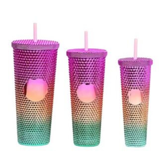 3 Pieces Pink Lid Diamond Studded Tumbler Mug Bottle Set