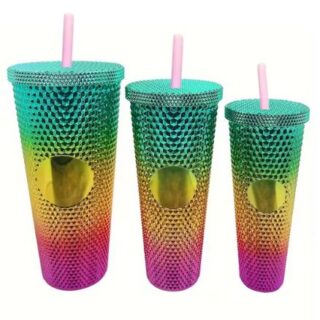 3 Pieces Green Lid Diamond Studded Tumbler Mug Bottle Set
