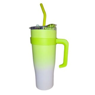 1200ml Lime Green & White Stainless Steel Vacuum Flask Travel Mug  with Straw