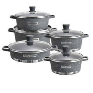 Grey 10 Piece Premium Royal Dessini White Granite Nonstick Pots Cookware Set with Glass Lid